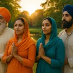 Imagem realista retratando o Sikhismo com elementos naturais e devotos em oração ou serviço, refletindo os valores de coragem, compaixão e espiritualidade da tradição sikh