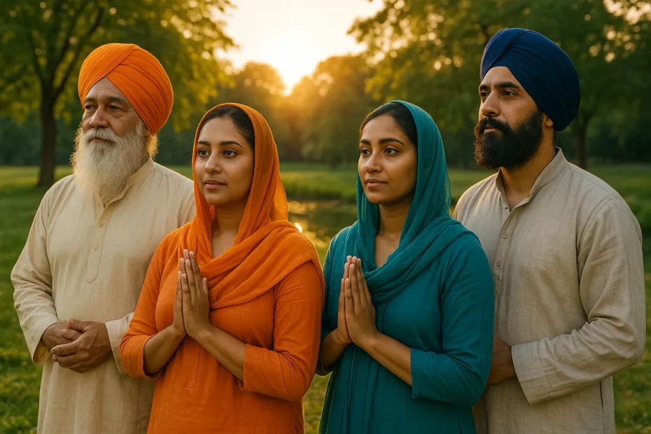 Imagem realista retratando o Sikhismo com elementos naturais e devotos em oração ou serviço, refletindo os valores de coragem, compaixão e espiritualidade da tradição sikh