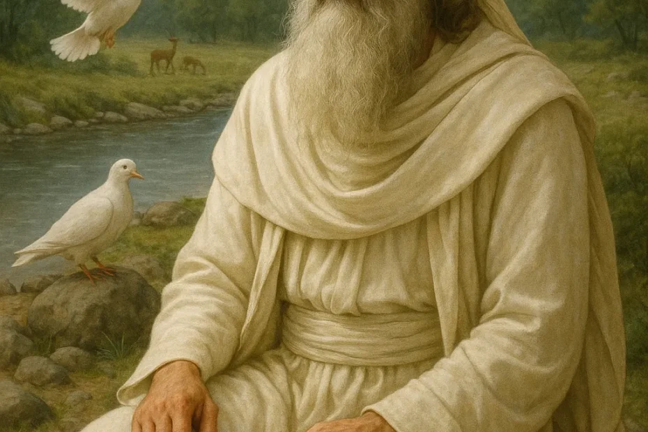 Retrato realístico de Zoroastro (Zaratustra) em cenário natural, simbolizando sabedoria espiritual e ética ancestral.