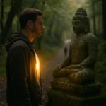Homem diante de um ídolo de pedra em meio à natureza enquanto uma luz interior brilha dentro dele, simbolizando o despertar espiritual e o chamado para a fé interior — imagem temática do curiosavida.com.br.