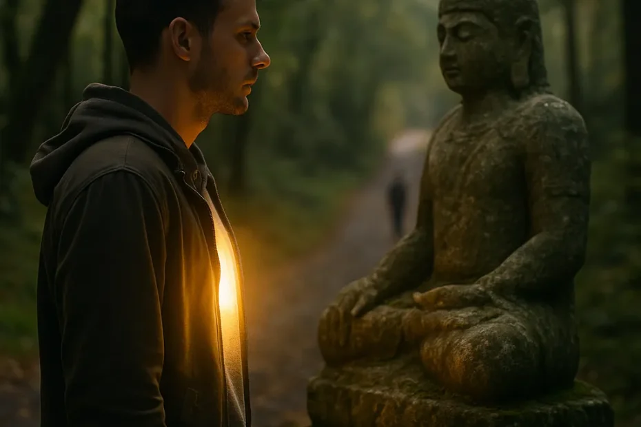 Homem diante de um ídolo de pedra em meio à natureza enquanto uma luz interior brilha dentro dele, simbolizando o despertar espiritual e o chamado para a fé interior — imagem temática do curiosavida.com.br.