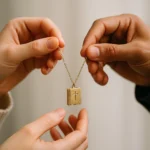 Duas mãos humanas seguram delicadamente um pingente em formato de Bíblia, simbolizando união e compromisso espiritual, em um ambiente neutro e iluminado suavemente - criação curiosavida.com.br.