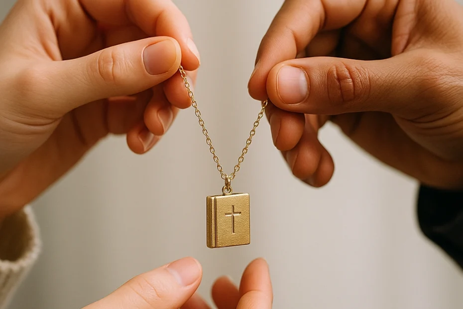 Duas mãos humanas seguram delicadamente um pingente em formato de Bíblia, simbolizando união e compromisso espiritual, em um ambiente neutro e iluminado suavemente - criação curiosavida.com.br.