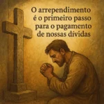 Ilustração de um homem ajoelhado diante de uma cruz de pedra, simbolizando arrependimento e transformação espiritual, representando o caminho interior abordado no blog curiosavida.com.br.