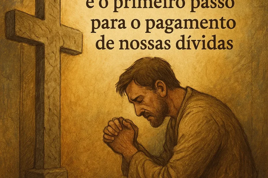 Ilustração de um homem ajoelhado diante de uma cruz de pedra, simbolizando arrependimento e transformação espiritual, representando o caminho interior abordado no blog curiosavida.com.br.