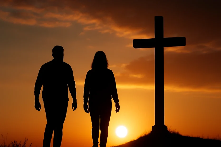 Silhuetas de duas pessoas caminhando rumo a uma cruz iluminada ao pôr do sol, representando a jornada espiritual de viver segundo Cristo em união e propósito. - site curiosavida.combr