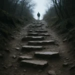 Caminho natural com degraus ascendentes irregulares iluminados por luz fria, simbolizando a jornada espiritual gradual, tema do site curiosavida.com.br.