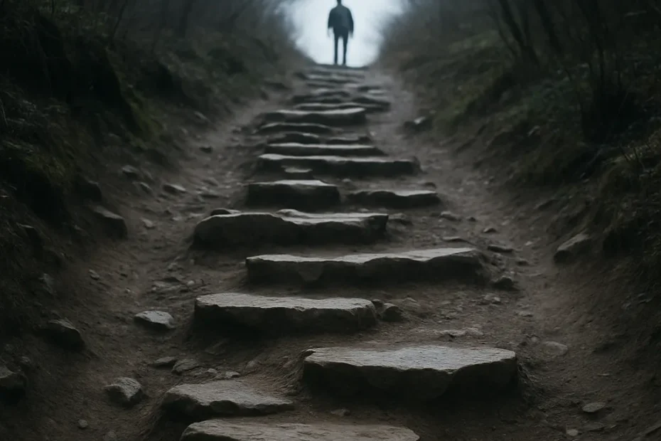 Caminho natural com degraus ascendentes irregulares iluminados por luz fria, simbolizando a jornada espiritual gradual, tema do site curiosavida.com.br.