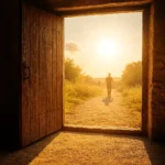 Porta aberta iluminada pelo sol, simbolizando libertação, verdade e caminho para a redenção, alinhado à espiritualidade e autodescoberta.