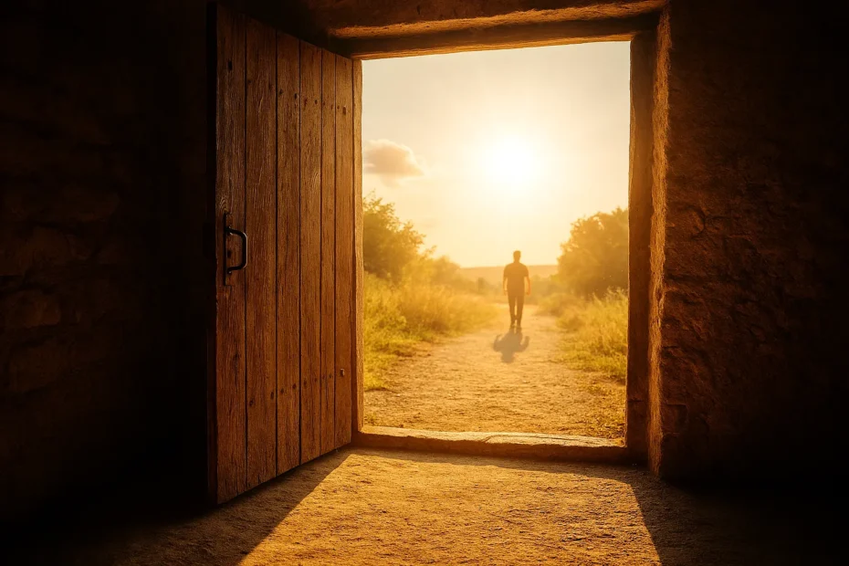 Porta aberta iluminada pelo sol, simbolizando libertação, verdade e caminho para a redenção, alinhado à espiritualidade e autodescoberta.