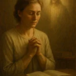 Ilustração simbólica de uma mulher em oração diante de uma presença espiritual luminosa, representando que a paz é uma conquista íntima do Espírito em prova, tema central do CuriosaVida.com.br.