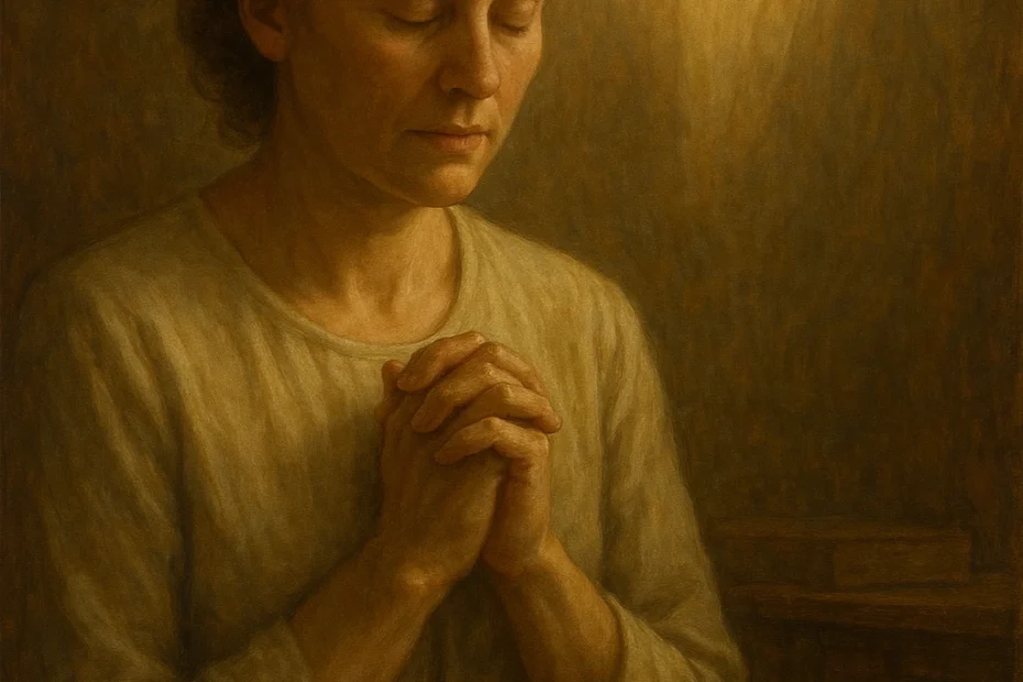 Ilustração simbólica de uma mulher em oração diante de uma presença espiritual luminosa, representando que a paz é uma conquista íntima do Espírito em prova, tema central do CuriosaVida.com.br.