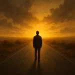 Pessoa contemplando uma estrada iluminada simbolizando o impulso da lei divina sobre a evolução espiritual humana — imagem reflexiva para o blog curiosavida.com.br.