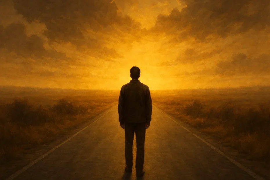 Pessoa contemplando uma estrada iluminada simbolizando o impulso da lei divina sobre a evolução espiritual humana — imagem reflexiva para o blog curiosavida.com.br.