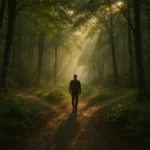 Silhueta humana diante de três caminhos cruzando em um bosque iluminado, simbolizando as escolhas espirituais entre humanidade, Deus e o espírito — imagem reflexiva para conteúdos do curiosavida.com.br sobre alianças espirituais e autodescoberta.