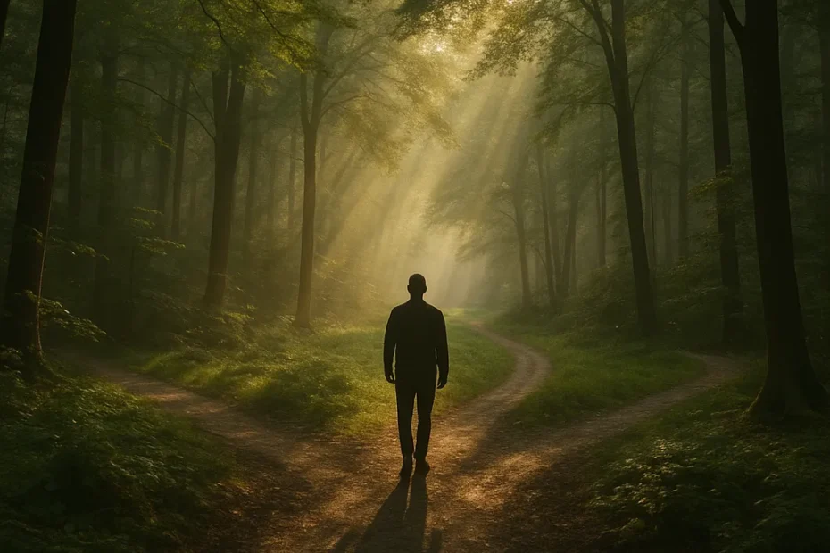 Silhueta humana diante de três caminhos cruzando em um bosque iluminado, simbolizando as escolhas espirituais entre humanidade, Deus e o espírito — imagem reflexiva para conteúdos do curiosavida.com.br sobre alianças espirituais e autodescoberta.