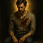 Homem ferido no peito, sentado em silêncio, com luz dourada atrás dele simbolizando a dor que sangra no corpo e ilumina a alma — imagem espiritual CuriosaVida.