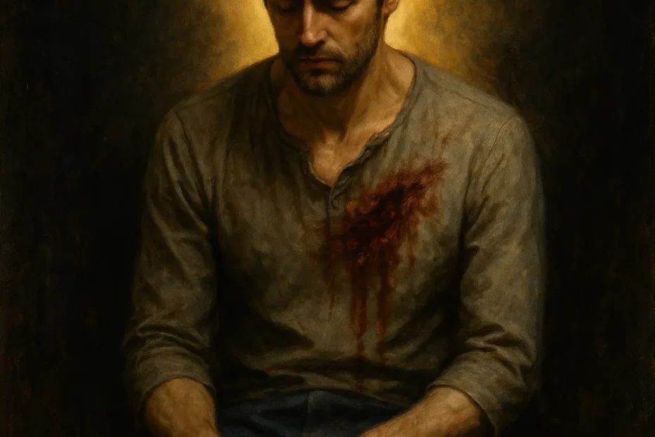 Homem ferido no peito, sentado em silêncio, com luz dourada atrás dele simbolizando a dor que sangra no corpo e ilumina a alma — imagem espiritual CuriosaVida.