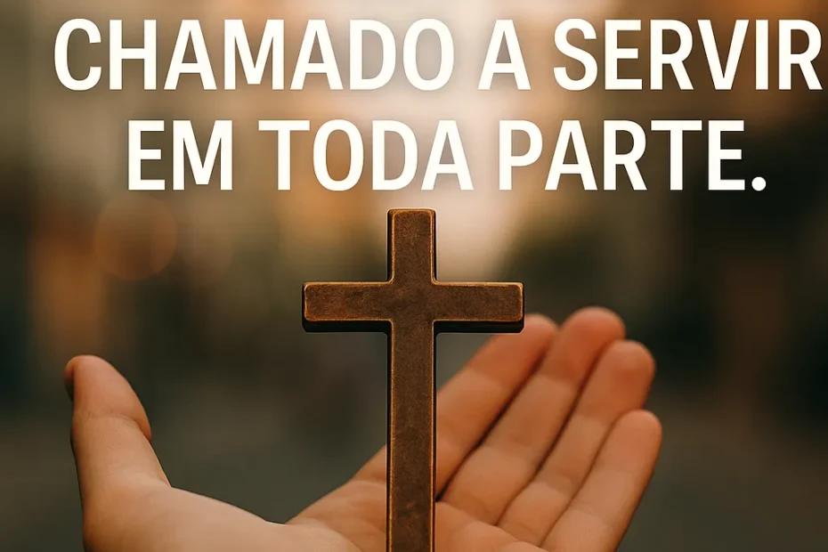 Mão estendida segurando uma cruz de bronze em um ambiente urbano desfocado ao entardecer, simbolizando que o cristão é chamado a servir em qualquer lugar. Imagem relacionada ao site curiosavida.com.br.