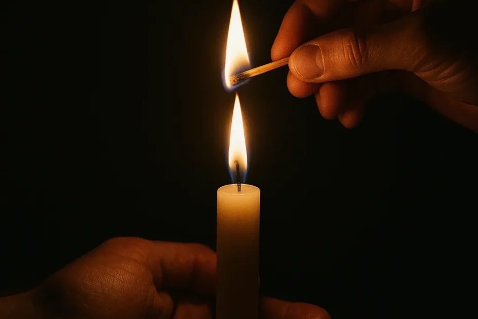 Mãos acendendo uma vela em meio à escuridão, simbolizando o despertar da luz interior e o caminho espiritual de autotransformação — imagem para curiosavida.com.br.
