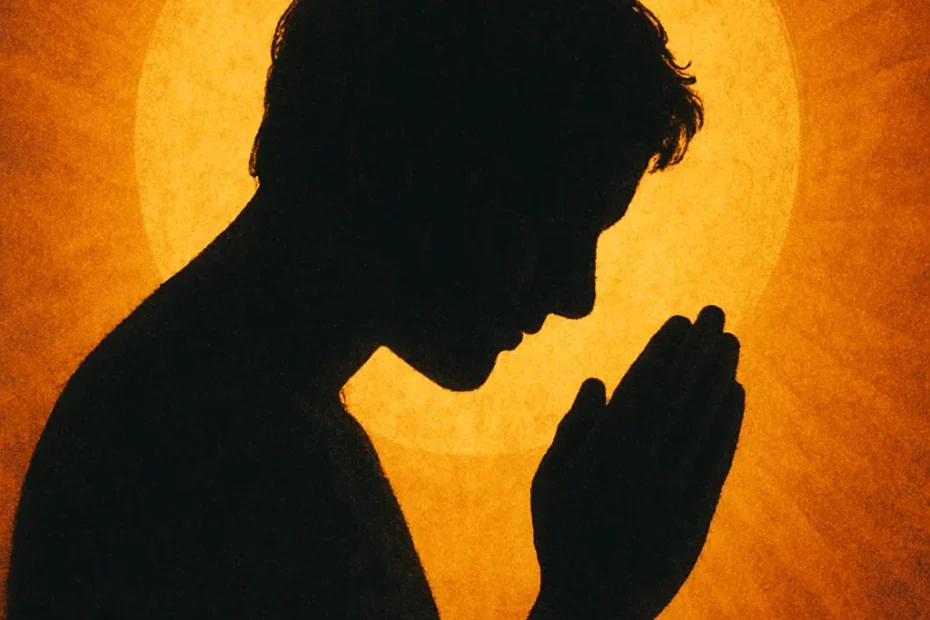 Silhueta de uma pessoa em oração diante de um halo dourado, simbolizando a luz divina que se manifesta na alma humana — representação espiritual do propósito da vida segundo curiosavida.com.br