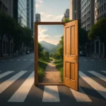 Porta de madeira aberta sobre uma faixa de pedestres em uma grande avenida, revelando um caminho iluminado que leva a um ambiente natural, simbolizando como a virtude abre novas possibilidades — imagem inspirada no conteúdo espiritual do site curiosavida.com.br.