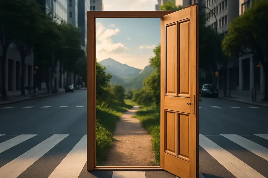 Porta de madeira aberta sobre uma faixa de pedestres em uma grande avenida, revelando um caminho iluminado que leva a um ambiente natural, simbolizando como a virtude abre novas possibilidades — imagem inspirada no conteúdo espiritual do site curiosavida.com.br.