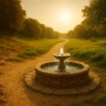 Fonte de água cristalina iluminada pelo sol em meio a um caminho natural, simbolizando a origem do bem, princípio da bondade e fonte da virtude.
