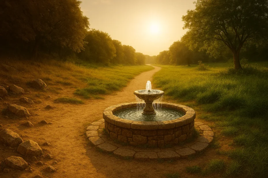Fonte de água cristalina iluminada pelo sol em meio a um caminho natural, simbolizando a origem do bem, princípio da bondade e fonte da virtude.
