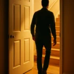 Pessoa entrando por uma porta aberta que revela uma escada iluminada, simbolizando a superação do sofrimento e a ascensão espiritual — imagem inspirada nos temas de transformação interior e consciência do site curiosavida.com.br.