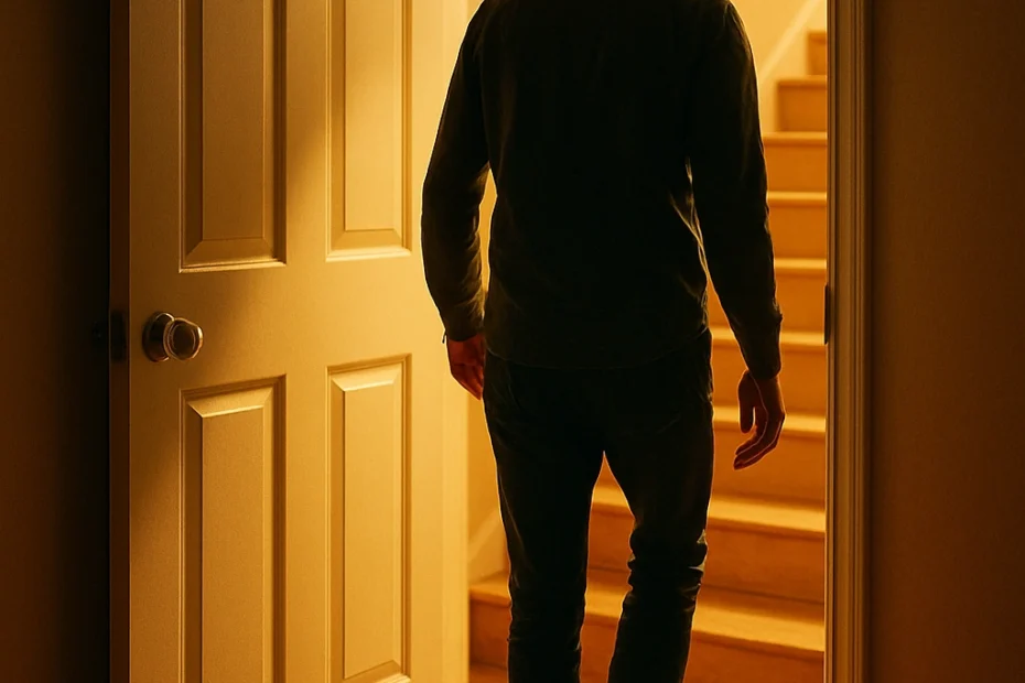 Pessoa entrando por uma porta aberta que revela uma escada iluminada, simbolizando a superação do sofrimento e a ascensão espiritual — imagem inspirada nos temas de transformação interior e consciência do site curiosavida.com.br.