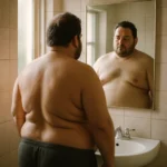 Homem com sobrepeso observando seu reflexo no espelho de um banheiro iluminado naturalmente, simbolizando a consciência espiritual de que o corpo é o templo do Espírito — tema explorado em curiosavida.com.br.