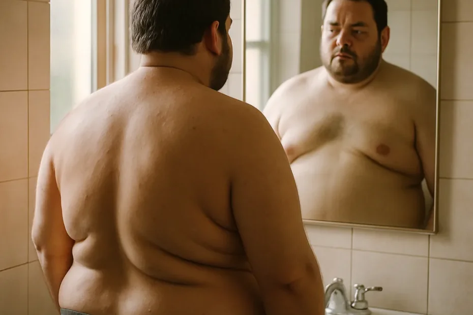 Homem com sobrepeso observando seu reflexo no espelho de um banheiro iluminado naturalmente, simbolizando a consciência espiritual de que o corpo é o templo do Espírito — tema explorado em curiosavida.com.br.