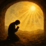 Figura ajoelhada em silêncio diante da luz divina, simbolizando como o sofrimento ilumina o caminho da evolução espiritual — imagem espiritual para curiosavida.com.br.