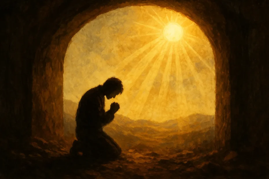 Figura ajoelhada em silêncio diante da luz divina, simbolizando como o sofrimento ilumina o caminho da evolução espiritual — imagem espiritual para curiosavida.com.br.