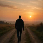 Pessoa caminhando sozinha em uma estrada iluminada pelo pôr do sol, simbolizando o processo espiritual de superar o transitório e alcançar a paz interior — uma representação da busca pela individualidade eterna e do despertar da alma, conforme a mensagem do site Curiosa Vida.