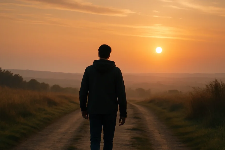 Pessoa caminhando sozinha em uma estrada iluminada pelo pôr do sol, simbolizando o processo espiritual de superar o transitório e alcançar a paz interior — uma representação da busca pela individualidade eterna e do despertar da alma, conforme a mensagem do site Curiosa Vida.