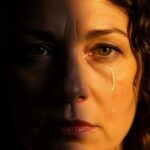 Mulher com o rosto dividido entre luz e sombra, com lágrima no olho iluminado, simbolizando dor, superação e propósito espiritual.