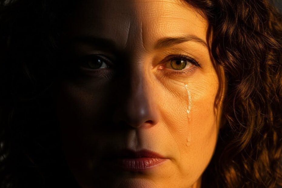 Mulher com o rosto dividido entre luz e sombra, com lágrima no olho iluminado, simbolizando dor, superação e propósito espiritual.